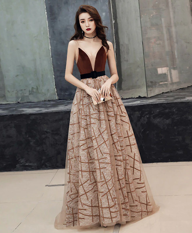 Champagne V Neck Tulle Long Prom Dress Tulle Evening Dress - Deanwangkt