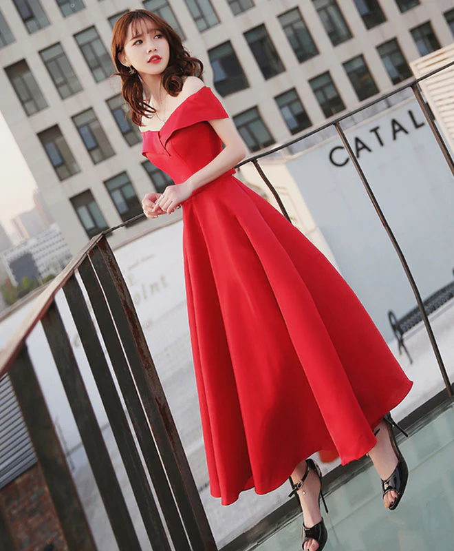 Simple Red Off Shoulder Tea Length Prom Dress, Red Evening Dress - Deanwangkt