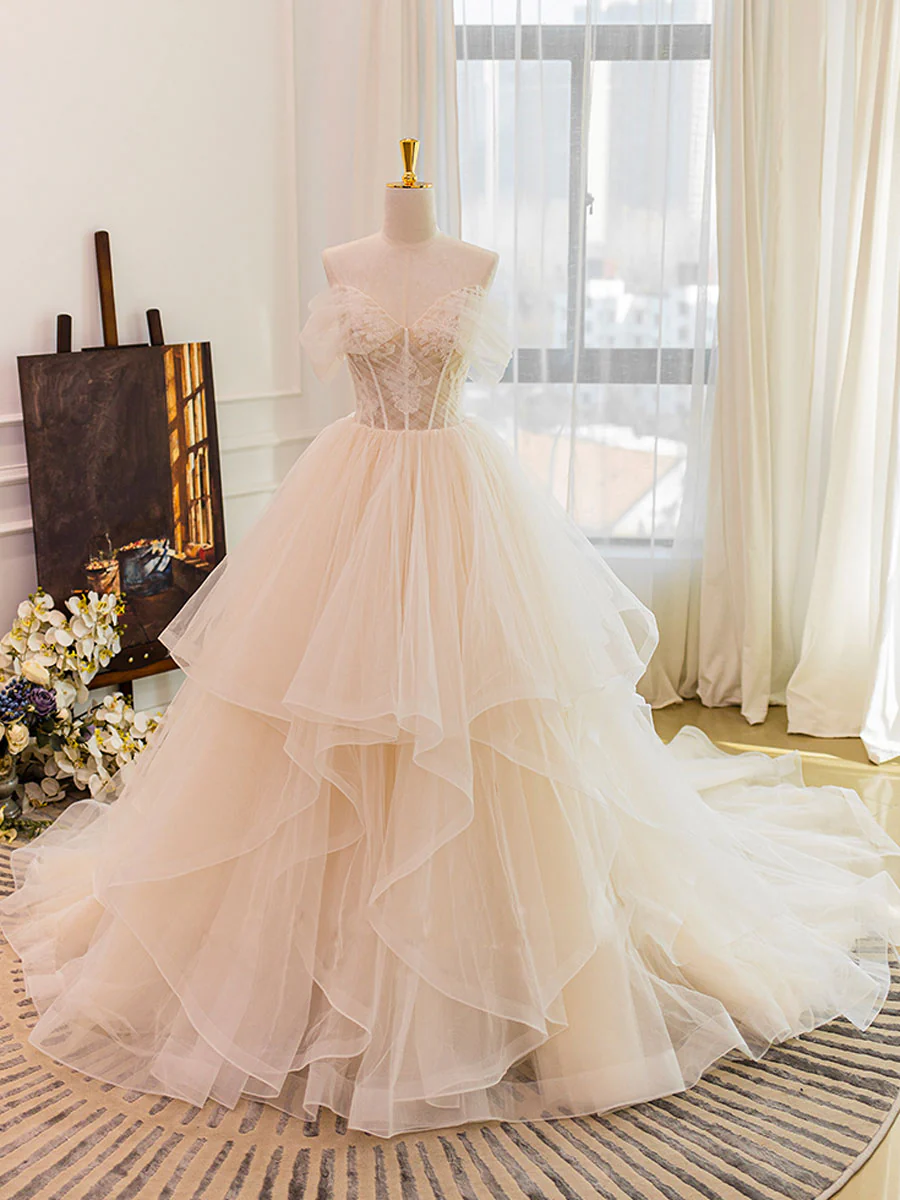 Champagne Tulle Lace Long Wedding Dress, Lace Tulle Wedding Gown - Deanwangkt