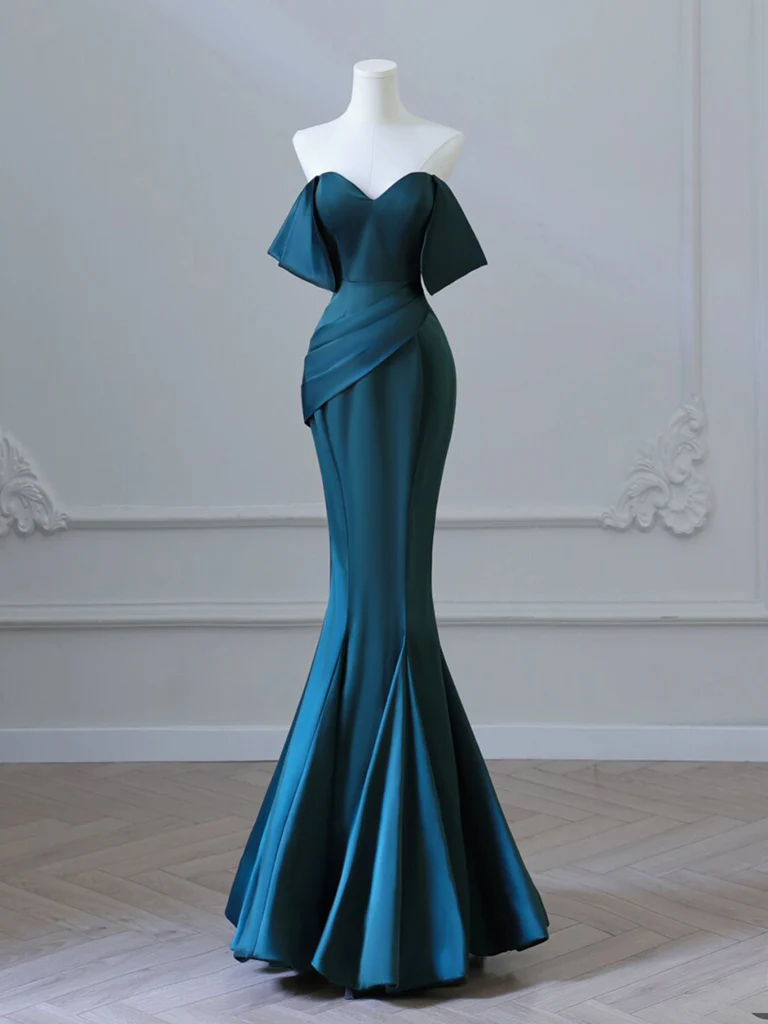 Simple Off Shoulder Satin Ink Blue Long Prom Dress, Ink Blue Long Formal Dress - Deanwangkt