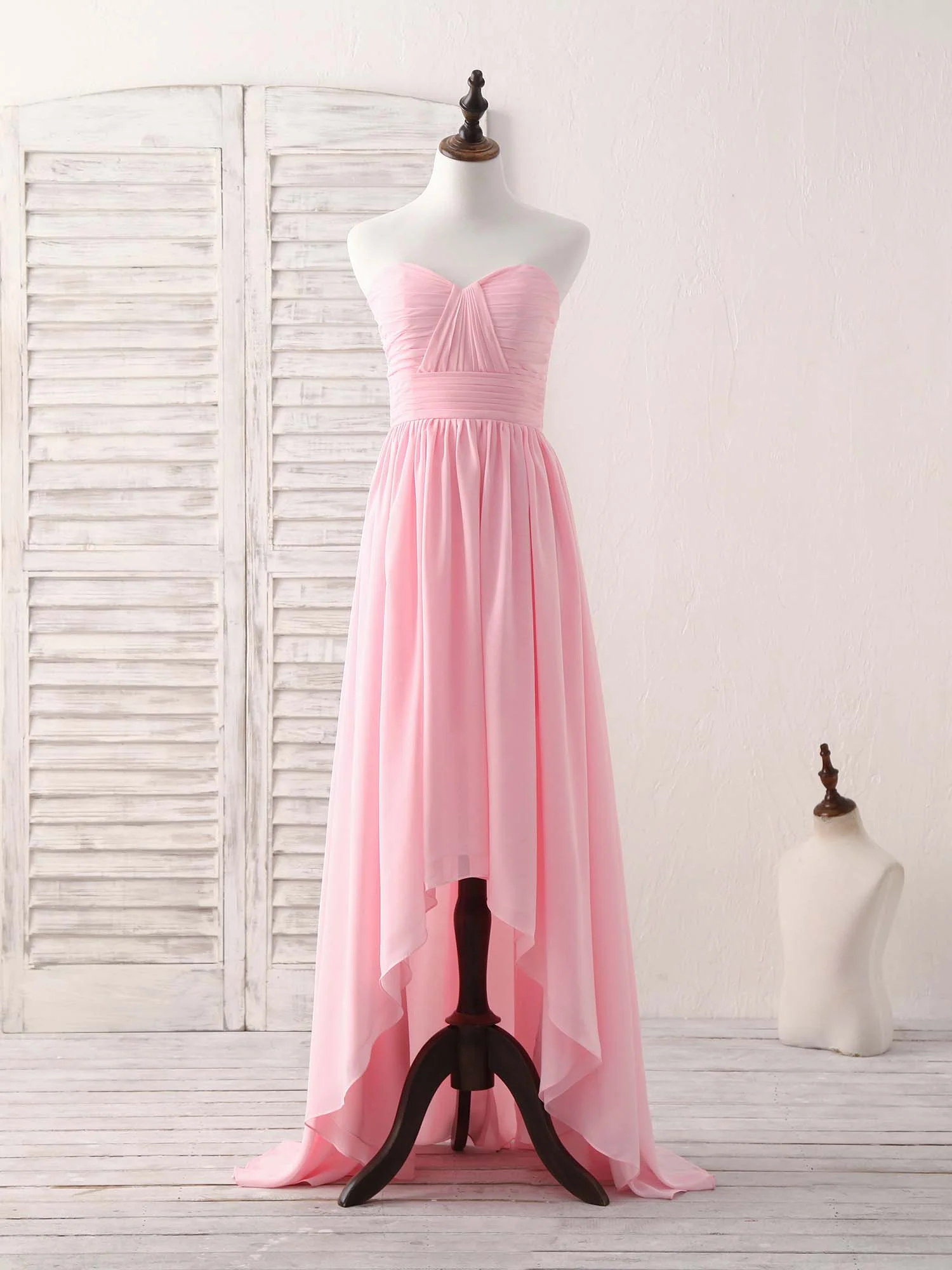 Pink Sweetheart Neck Chiffon High Low Prom Dress, Bridesmaid Dress - Deanwangkt