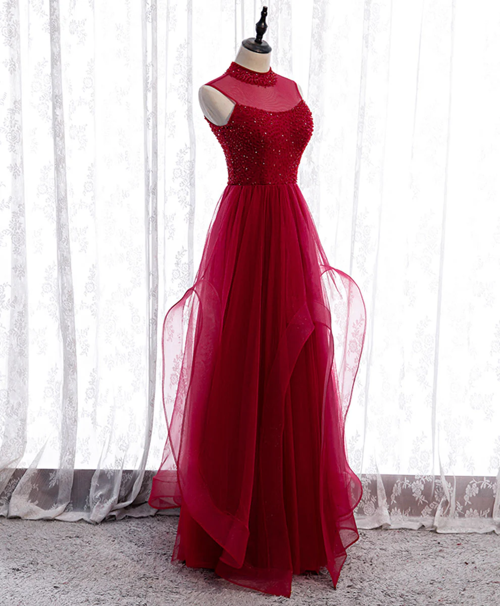Burgundy High Neck Tulle Sequin Beads Long Evening Dresses - Deanwangkt