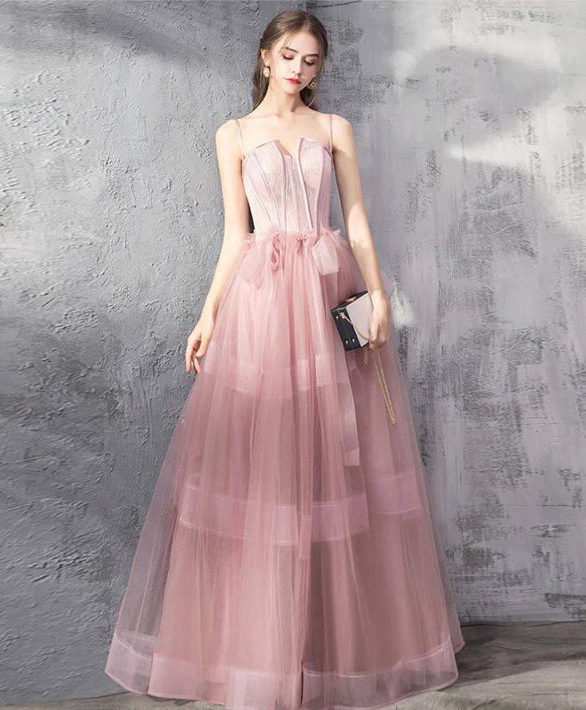 Pink Tulle Lace Long Prom Dress, Pink Evening Graduation Dress - Deanwangkt