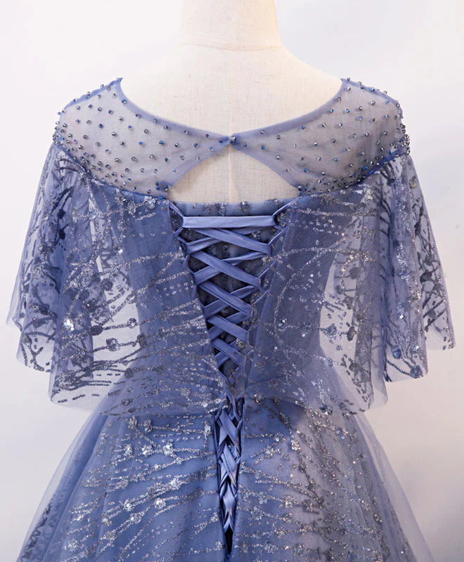 Unique Round Neck Tulle Lace Long Prom Dress Blue Lace Evening Dress - Deanwangkt