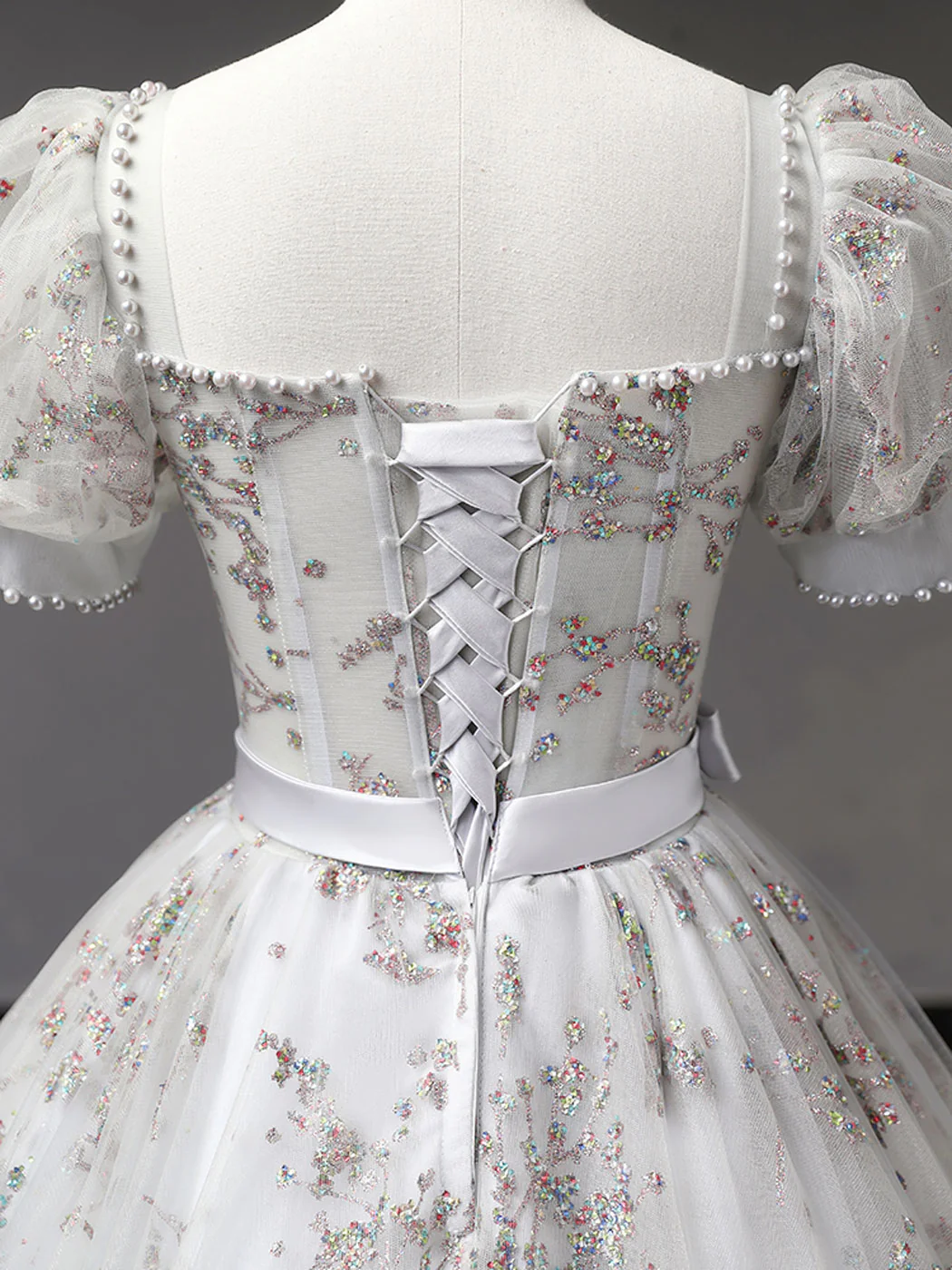 Gray A-Line Tulle Sequin Long Prom Dress, Gray Tulle Sweet 16 Dresses - Deanwangkt