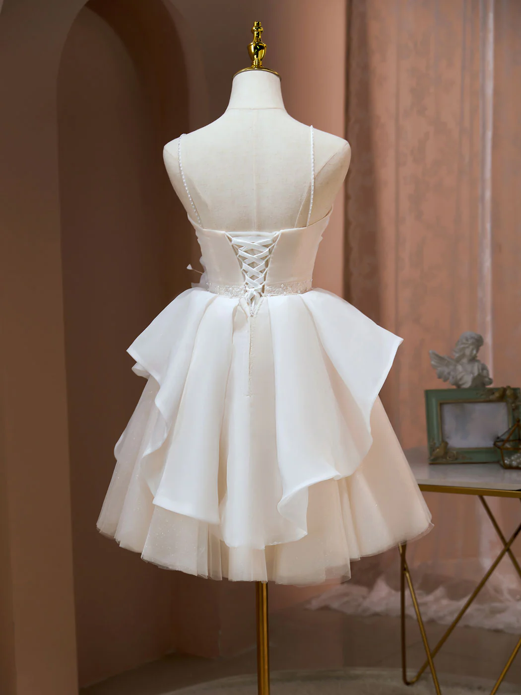 A Line V Neck Champagne Short Prom Dresses, Formal Mini Gown Cute Puffy Homecoming Dresses - Deanwangkt