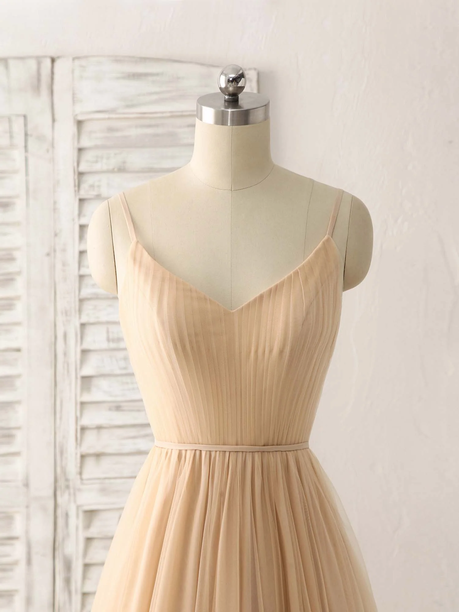 Simple V Neck Tulle Chiffon Long Prom Dress Champagne Bridesmaid Dress - Deanwangkt