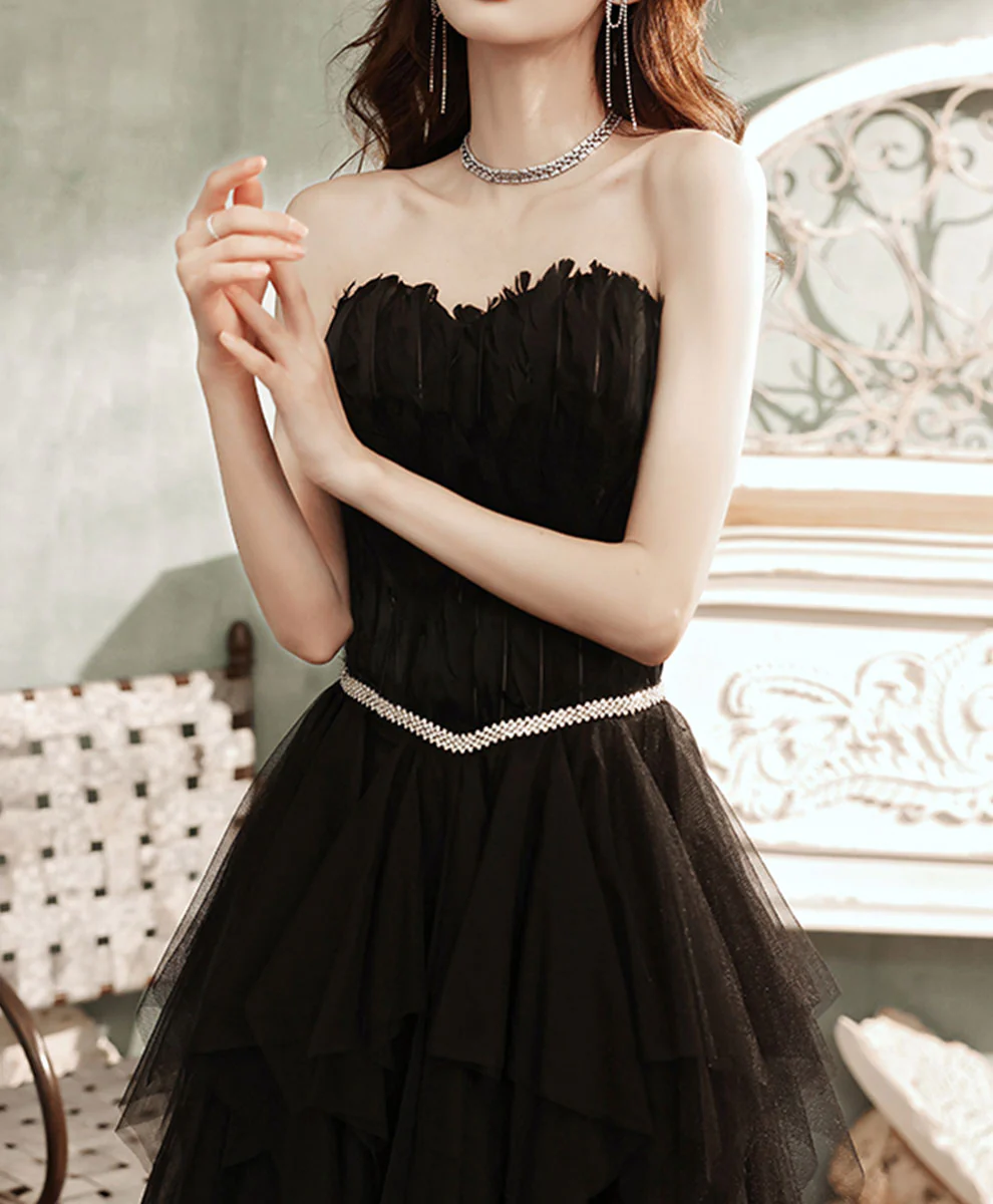 Black Aline Tulle Long Prom Dress, Black Formal Evening Dress with Feather - Deanwangkt