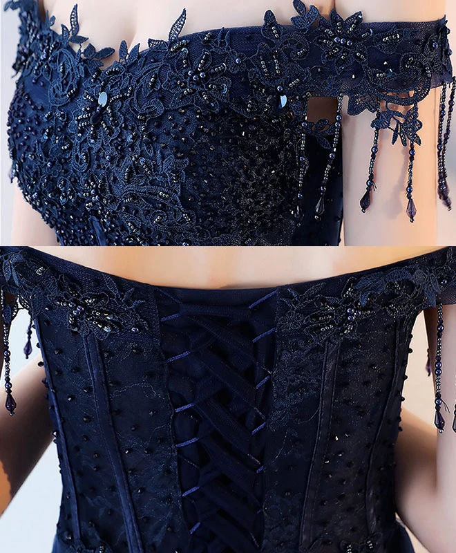 Dark Blue Tulle Beaded Long Prom Dress, Blue Evening Dress - Deanwangkt