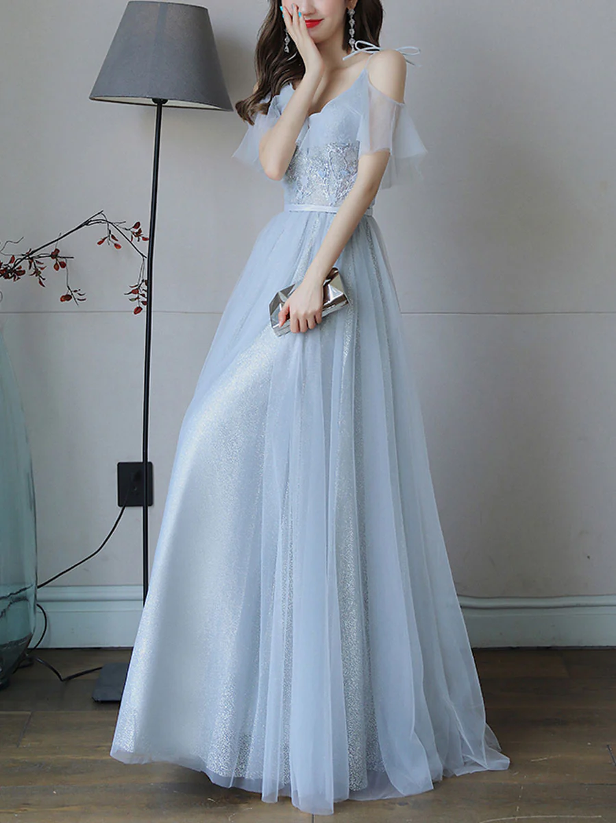 Simple Light Blue Tulle Lace Long Prom Dress, Lace Long Bridesmaid Dress - Deanwangkt
