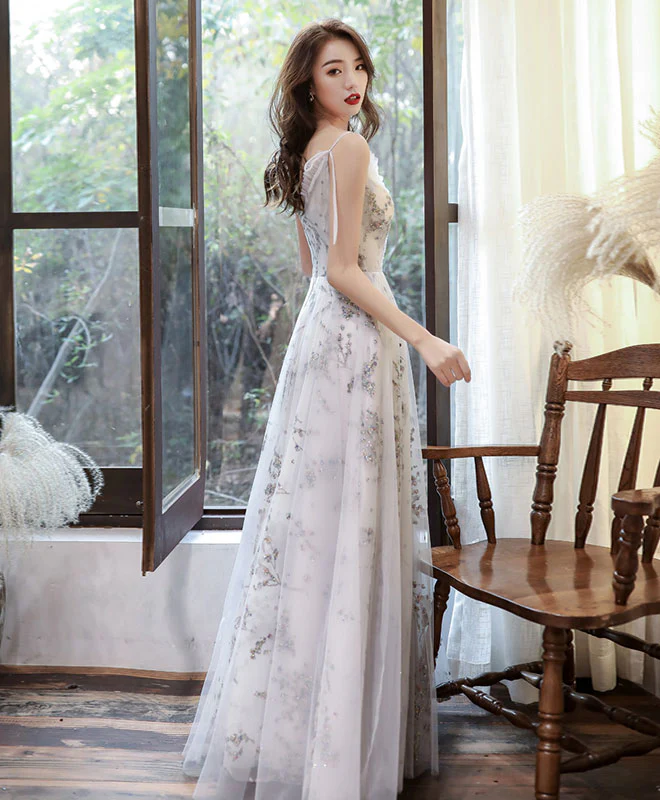 Gray Tulle Lace Long Prom Dress Gray Tulle Lace Formal Dress - Deanwangkt