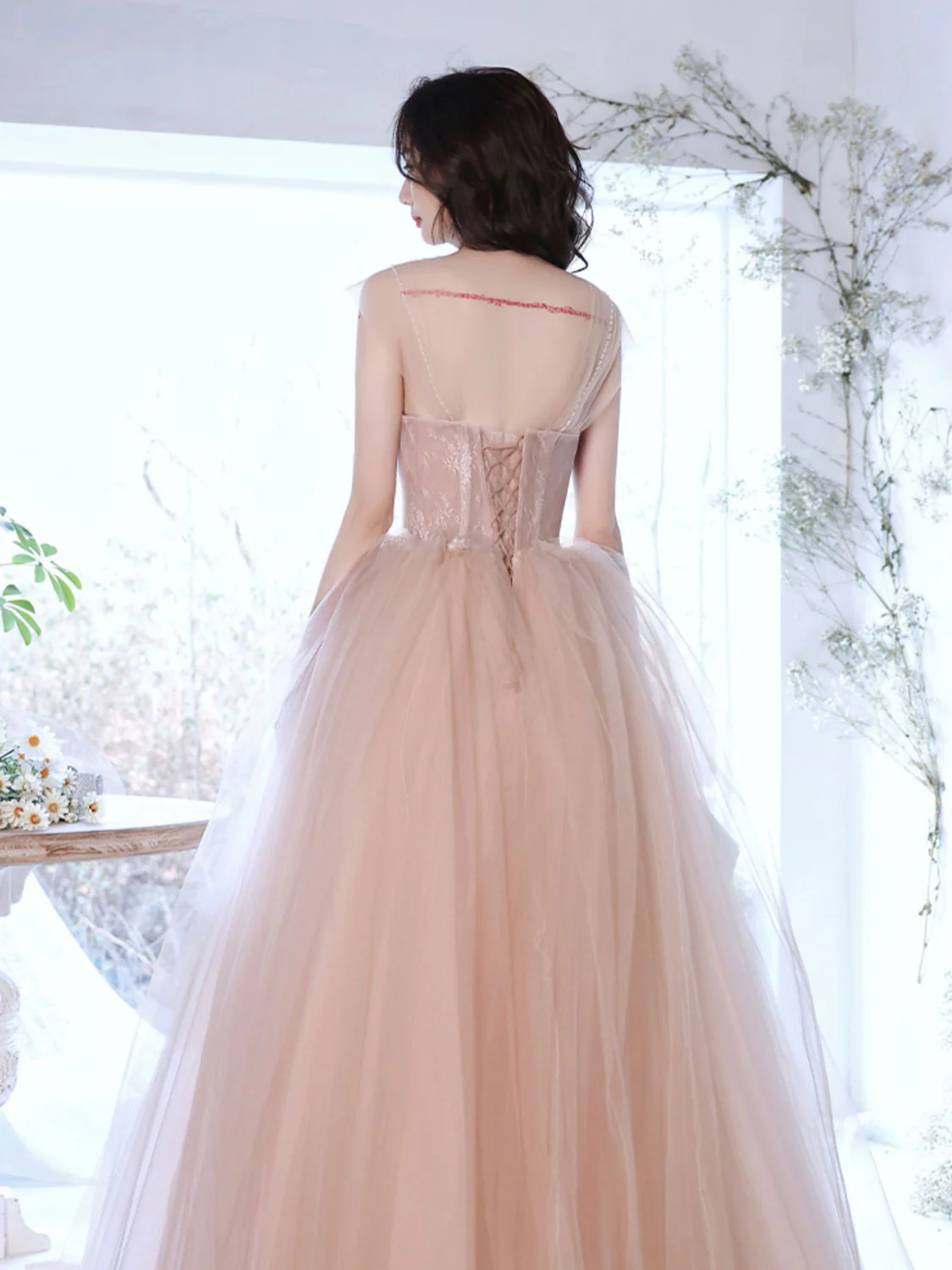 A Line Off Shoulder Pink Long Prom Dress, Pink Graduation Dress with Beading Lace - Deanwangkt