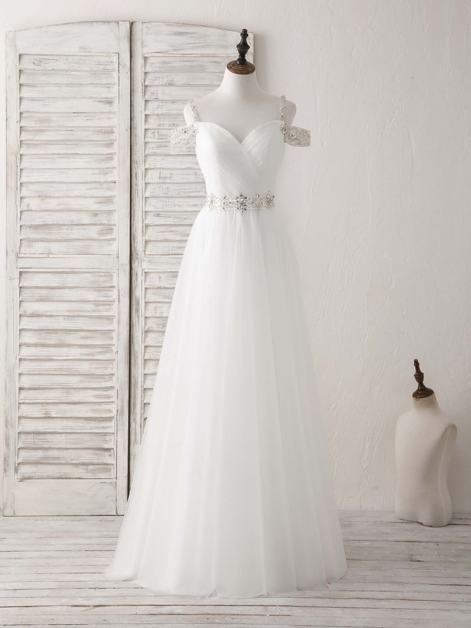 White Off Shoulder Tulle Beads Long Prom Dress White Evening Dress - Deanwangkt