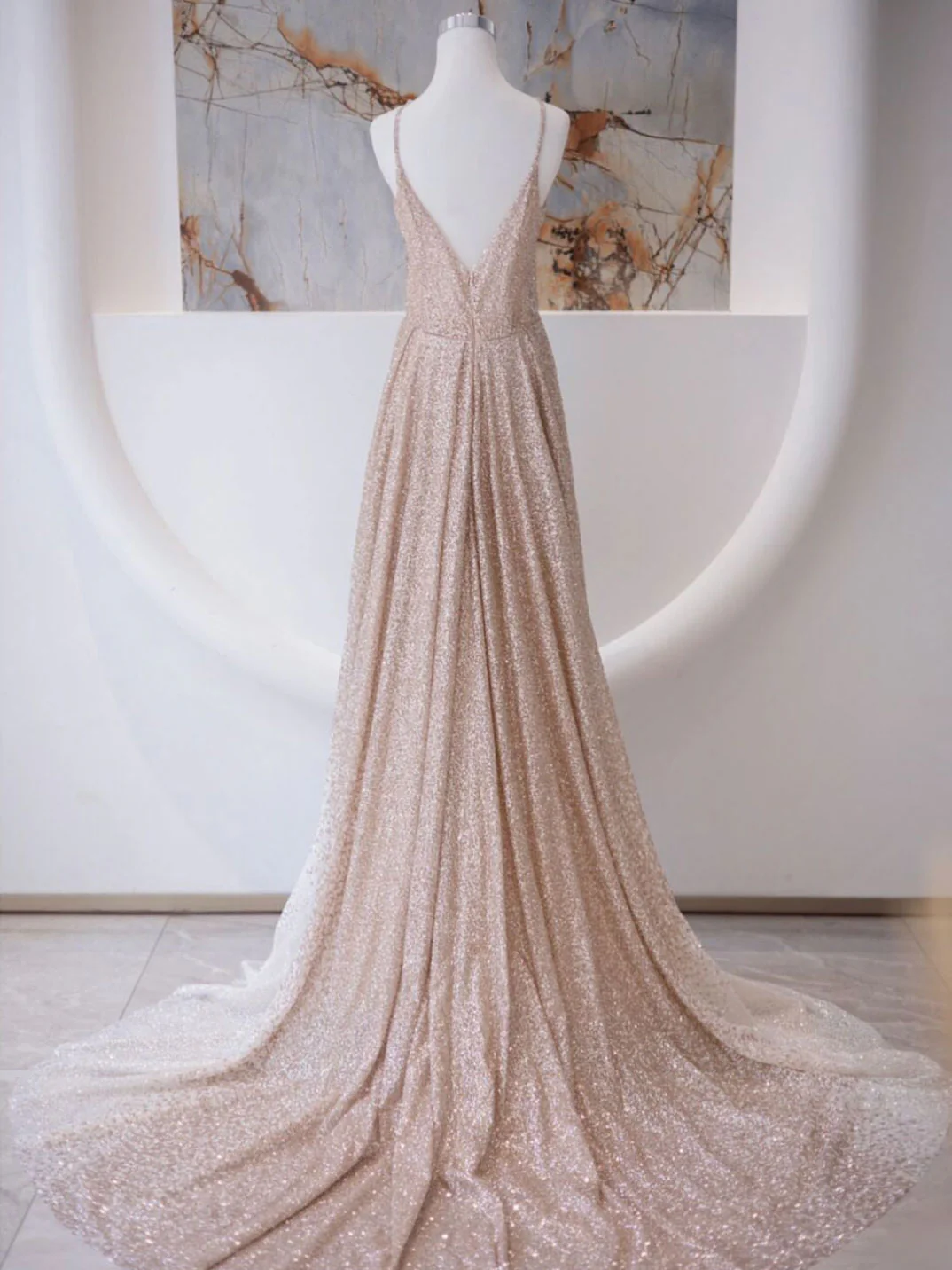 A Line V Neck Champagne Long Prom Dresses, Shiny Tulle Champagne Evening Dress - Deanwangkt