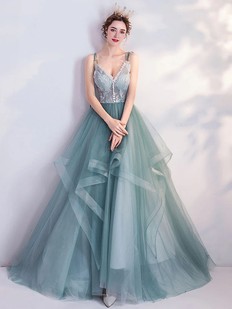 Green V Neck Tulle Lace Long Prom Dress Green Evening Dress - Deanwangkt
