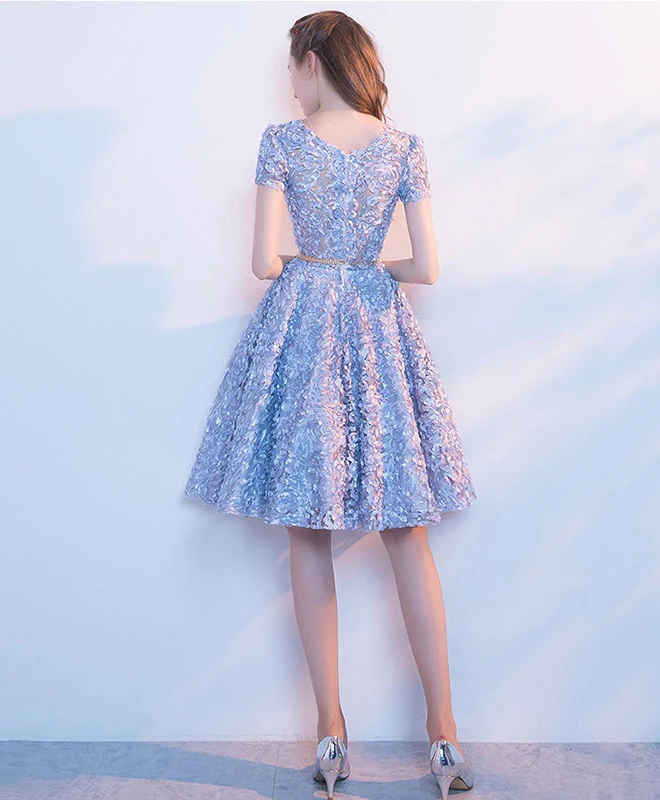 Cute A Line Blue Short Prom Dress, Gray Homecoming Dress - Deanwangkt