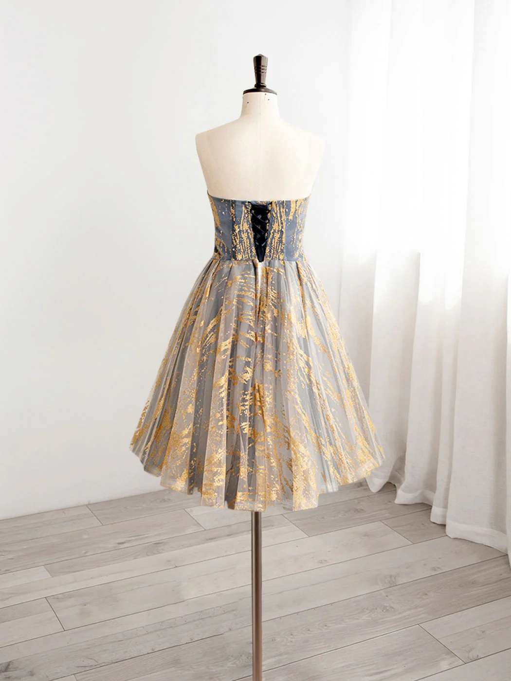 A-Line Gold/Blue Lace  Short Prom Dress, Cute Homecoming Dress with Beading - Deanwangkt