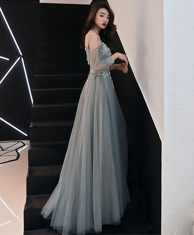 Gray Sweetheart A-Line Tulle Lace Long Prom Dress, Gray Evening Dress - Deanwangkt