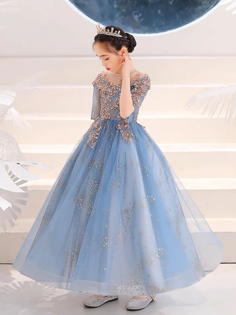 Blue Round Neck Tulle Sequin Lace Flower Girl Dress, Cute Blue Flower Girl Dress - Deanwangkt