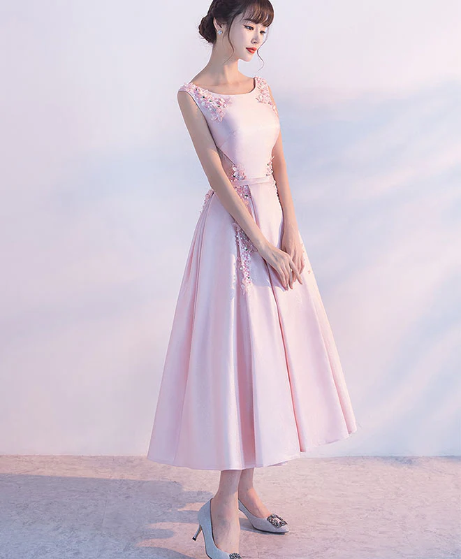 Pink Satin Lace Tea Length Prom Dress, Pink Evening Dress - Deanwangkt