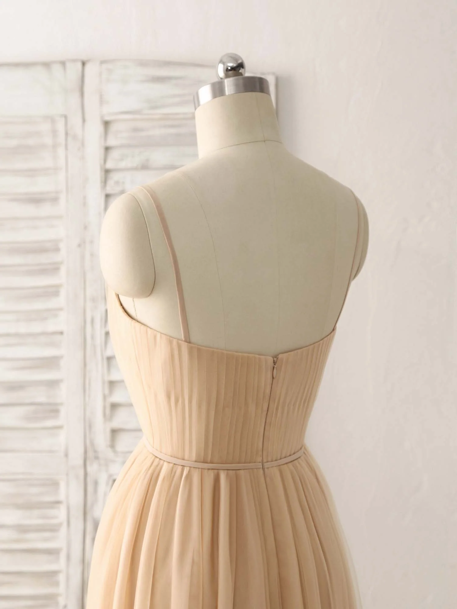Simple V Neck Tulle Chiffon Long Prom Dress Champagne Bridesmaid Dress - Deanwangkt