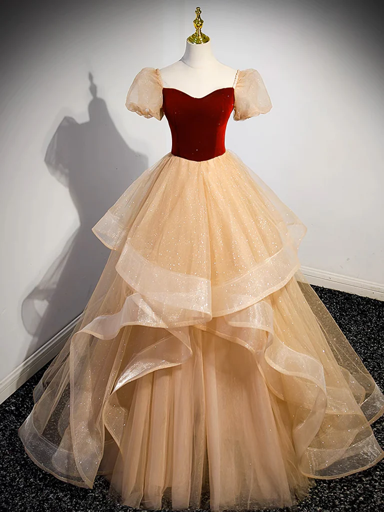 A-Line Tulle Velvet Champagne Long Prom Dress, Champagne Long Formal Dress - Deanwangkt