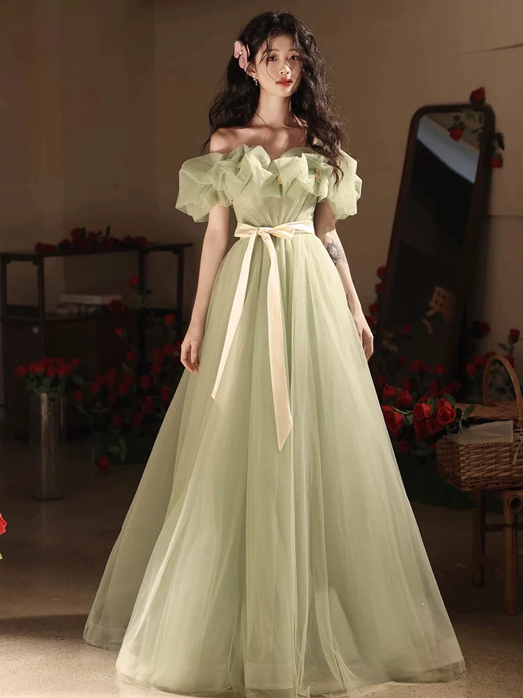 A-Line Off Shoulder Tulle Green Long Prom Dress, Green Long Formal Dress - Deanwangkt