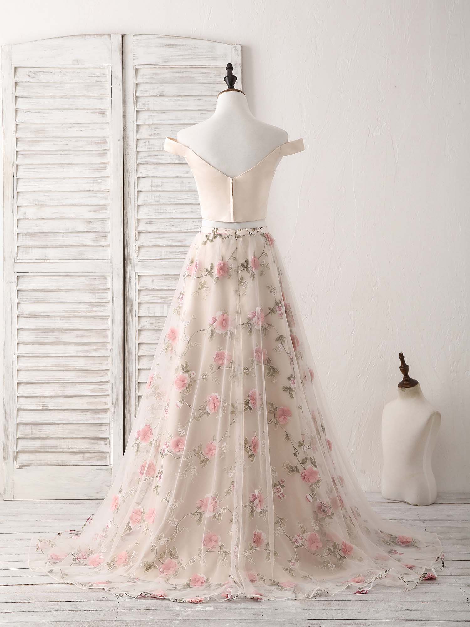 Unique Champagne Two Pieces Long Prom Dress, Champagne Evening Dress - Deanwangkt