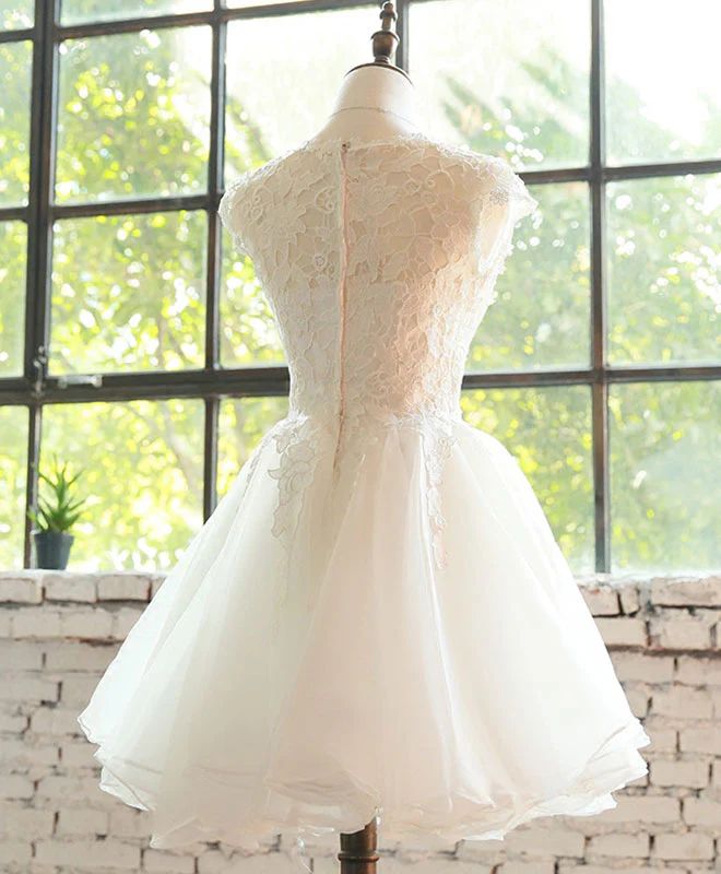 White Lace Tulle Short Prom Dress, Homecoming Dress - Deanwangkt