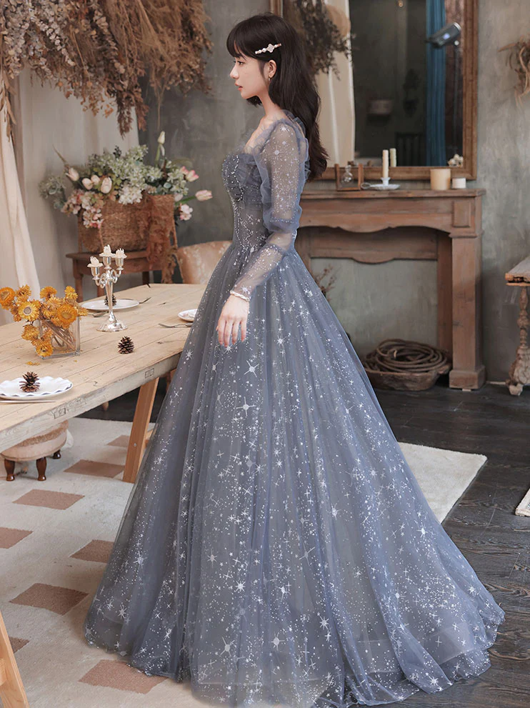 Gray Blue Tulle Lace Long Prom Dress, Gray Tulle Lace Evening Dress - Deanwangkt