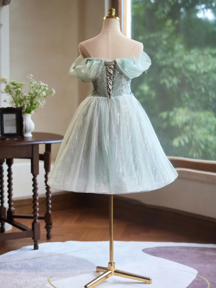 A-Line Off Shoulder Tulle Short Prom Dress, Green Homecoming Dress - Deanwangkt