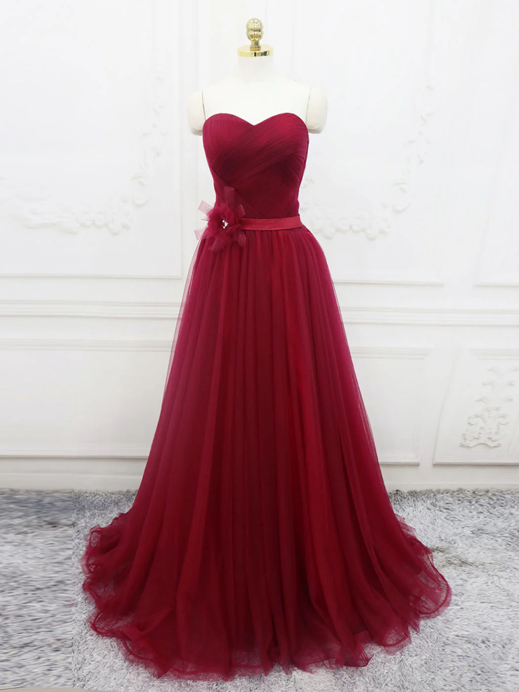 A-Line Sweetheart Neck Burgundy Long Prom Dress, Burgundy Bridesmaid Dress - Deanwangkt
