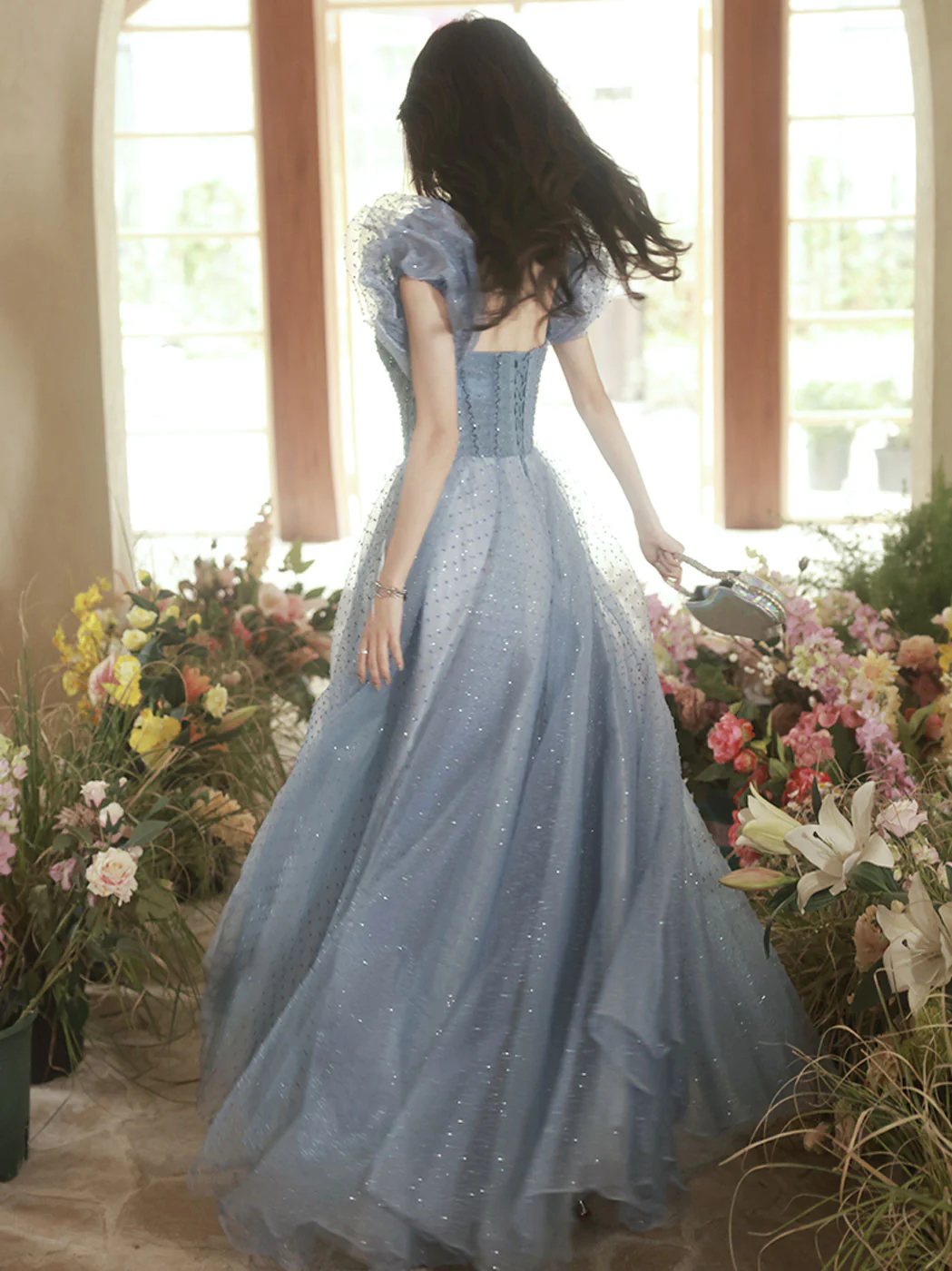 A-Line Sweetheart Neck Tulle Gray Blue Long Prom Dress, Gray Blue Formal Dress - Deanwangkt