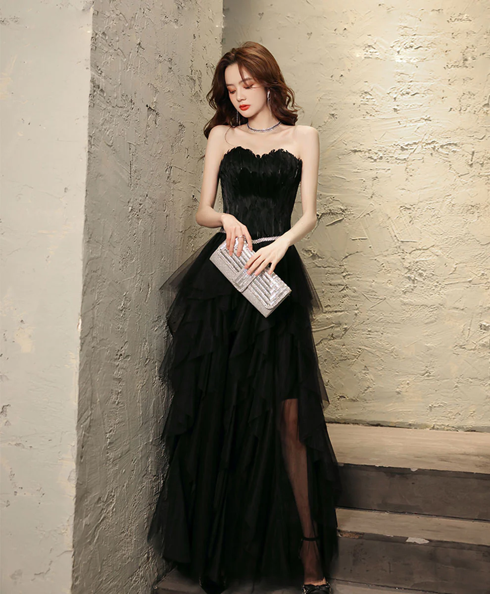 Black Aline Tulle Long Prom Dress, Black Formal Evening Dress with Feather - Deanwangkt
