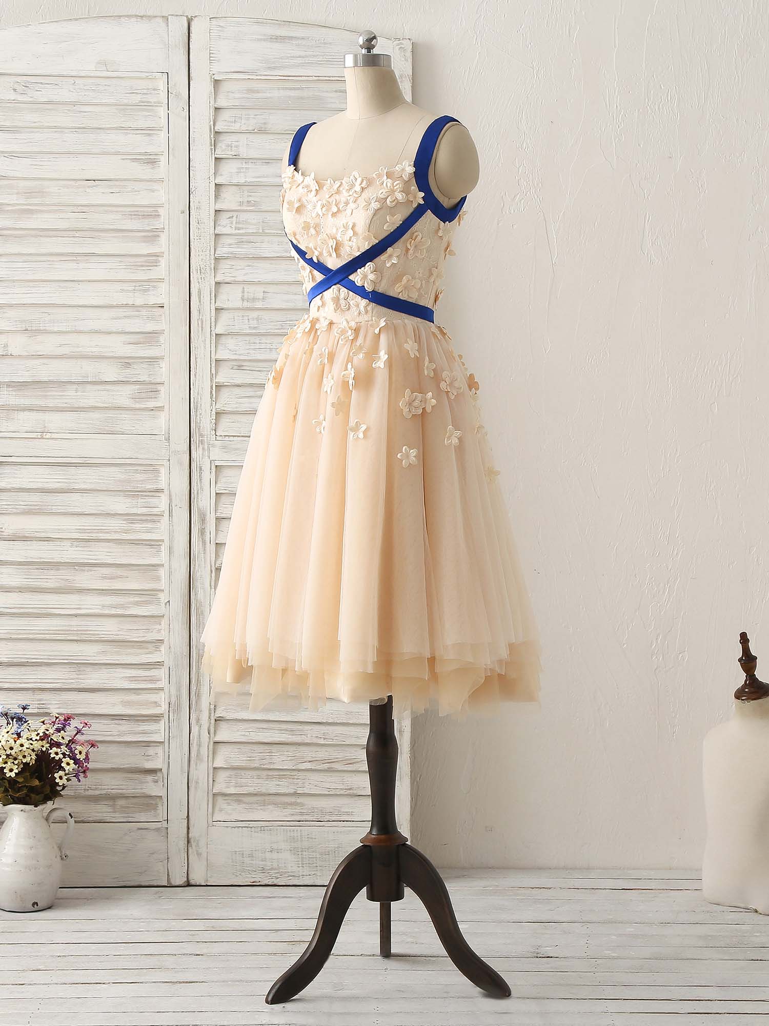 Champagne Tulle Applique Short Prom Dress, Bridesmaid Dress - Deanwangkt