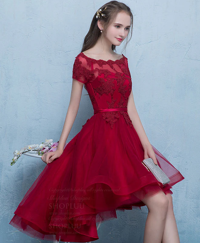 Burgundy Tulle Lace Short Prom Dress, Burgundy Homecoming Dress - Deanwangkt
