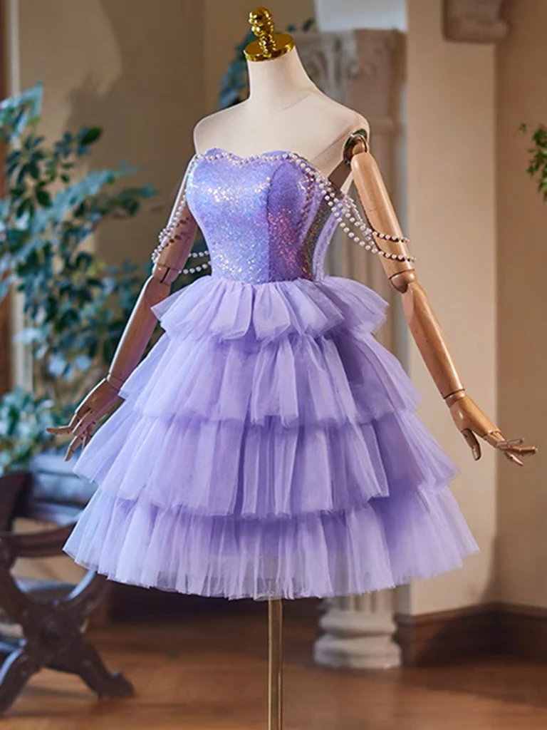 A-Line Tulle Sequin Purple Short Prom Dress, Purple Homecoming Dress - Deanwangkt