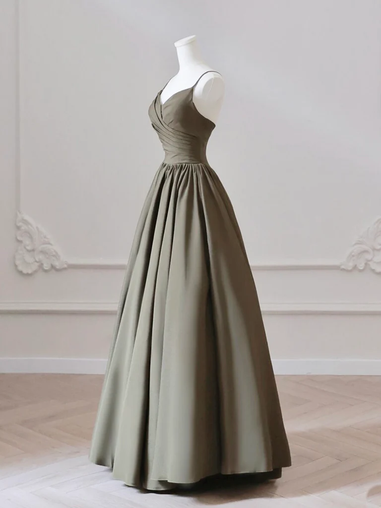 A-Line V Neck Satin Olive Green Long Prom Dress, Olive Green Long Formal Dress - Deanwangkt
