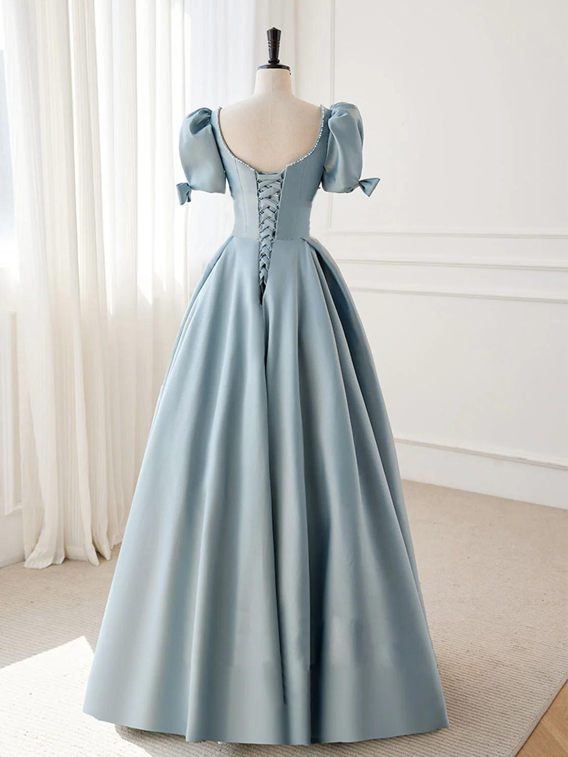 A-Line Blue Satin Puffy Sleeve Long Prom Dress, Blue Formal Dresses - Deanwangkt