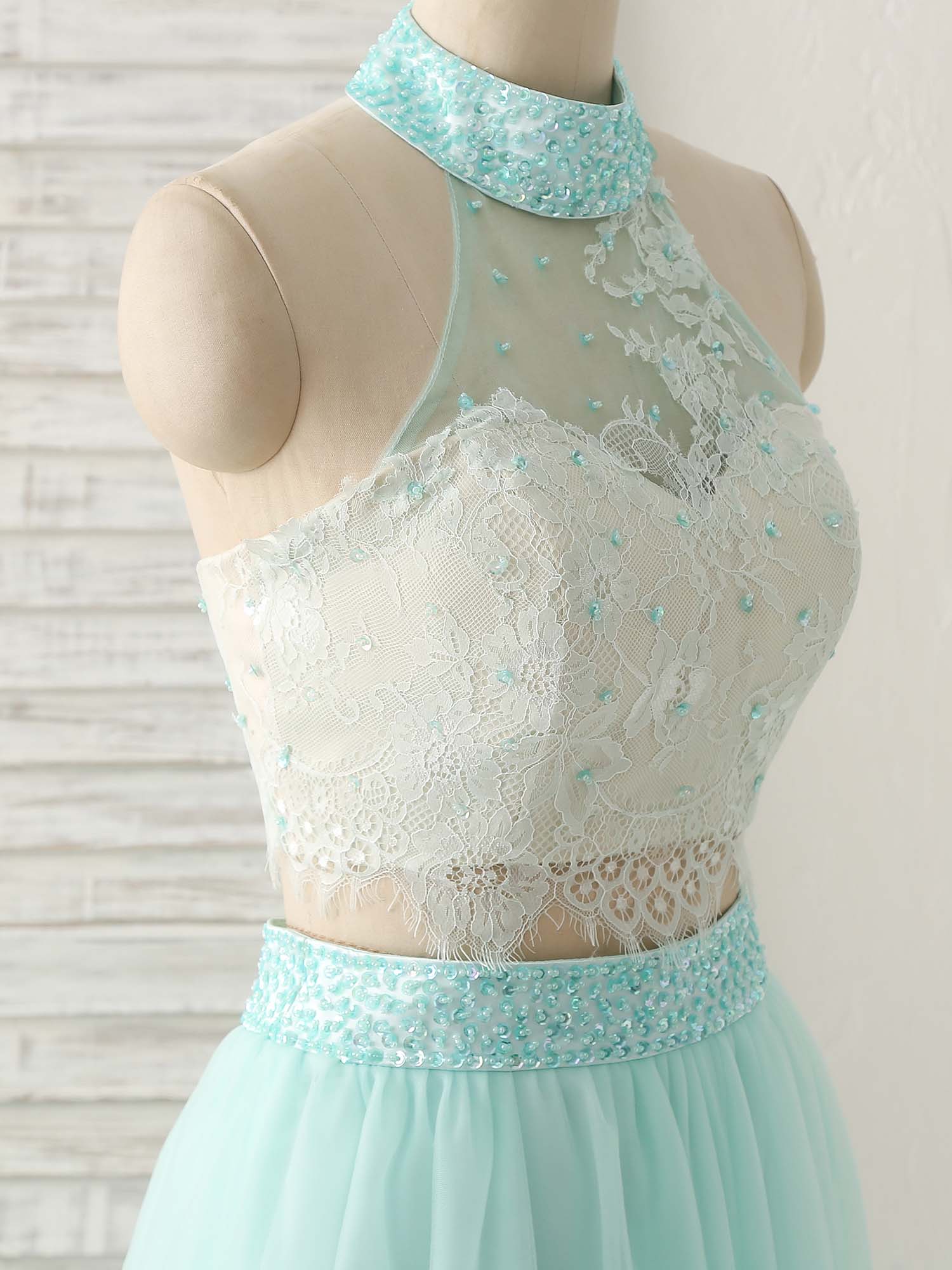 Green Tulle Two Pieces Long Prom Dress Lace Beads Formal Dress - Deanwangkt