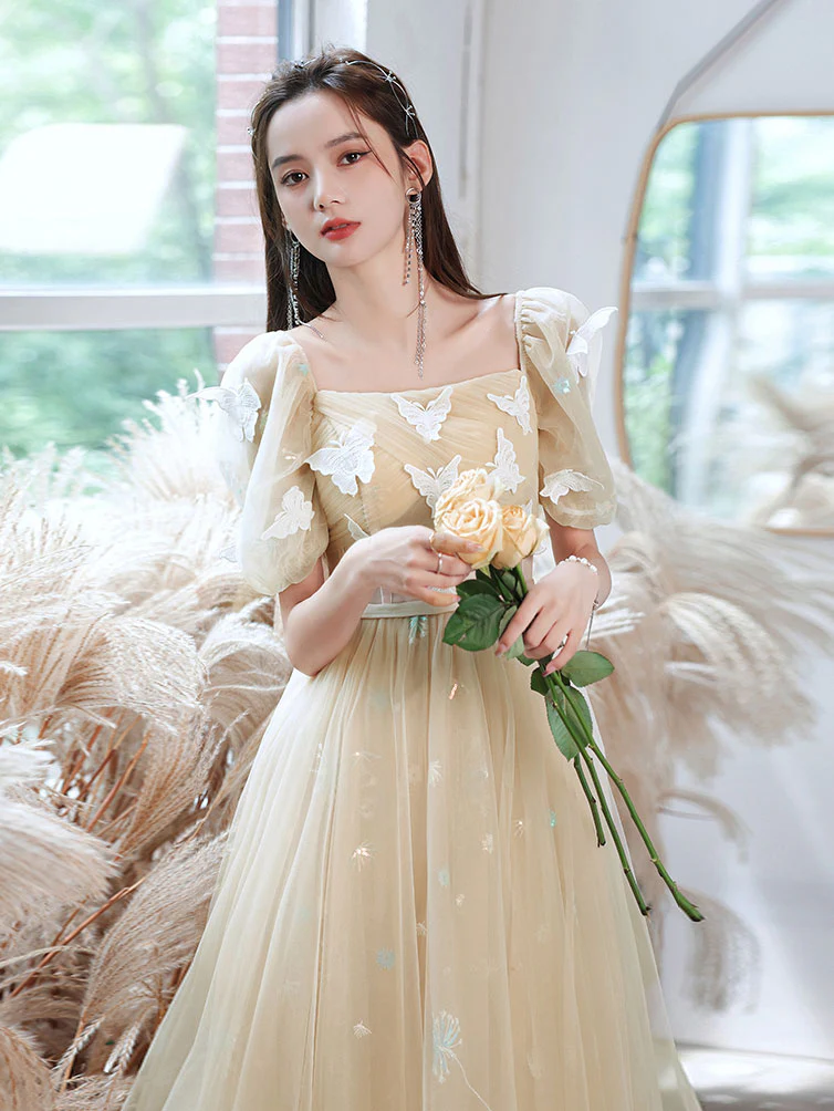 Champagne Tulle Lace Long Prom Dress, Champagne Tulle Formal Dress - Deanwangkt