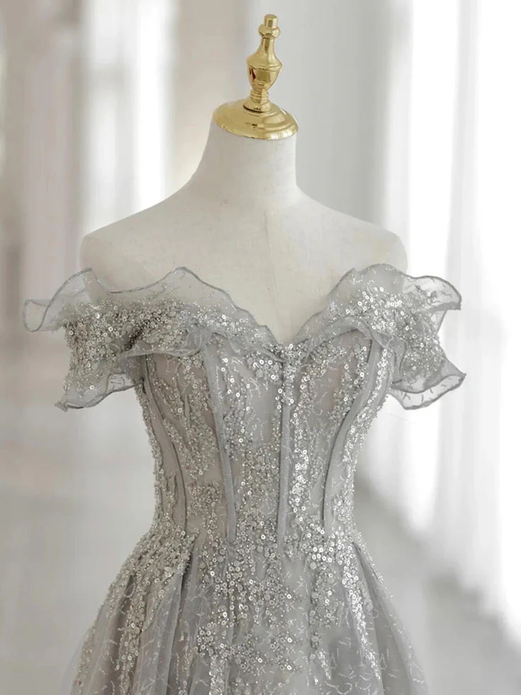 Gray Tulle Sequin Lace Off Shoulder Long Prom Dress, Gray Evening Dress - Deanwangkt