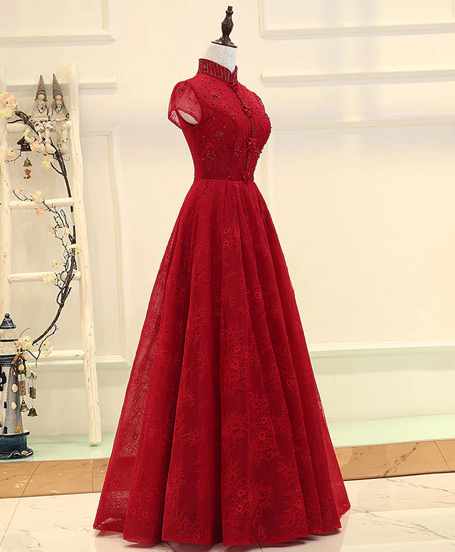 Burgundy High Low Lace Long Prom Dress, Burgundy Evening Dress - Deanwangkt