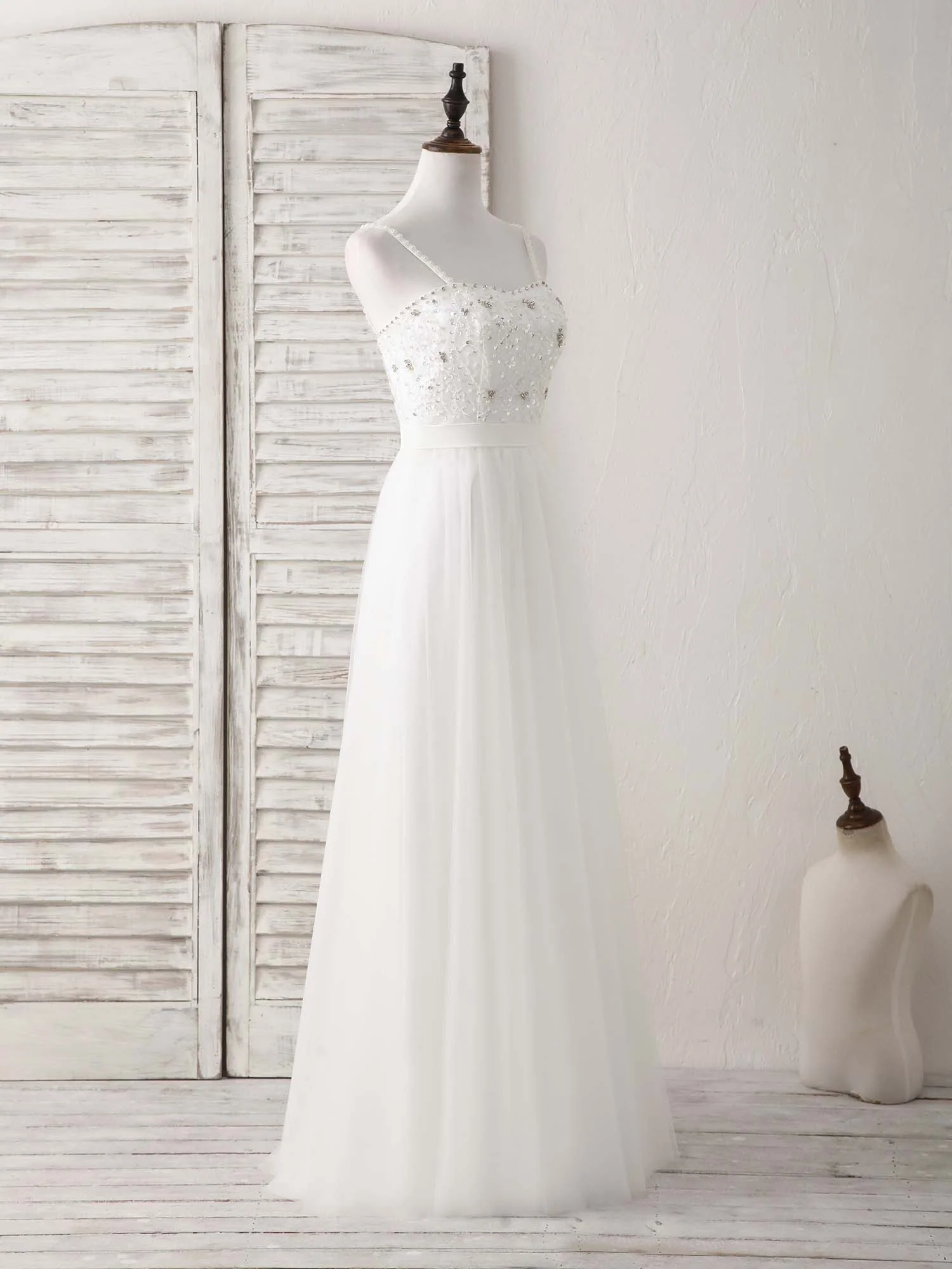White Sweetheart Neck Tulle Beads Long Prom Dress White Evening Dress - Deanwangkt