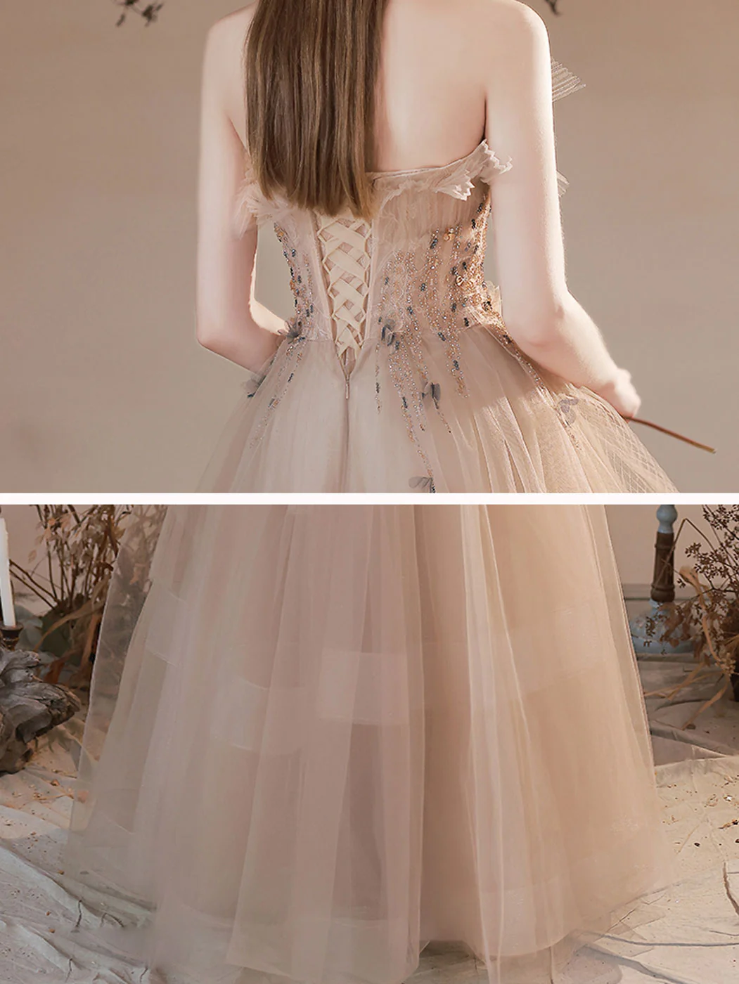 A Line Champagne Long Prom Dresses, Champagne Formal Graduation Dress With Beading sequin - Deanwangkt