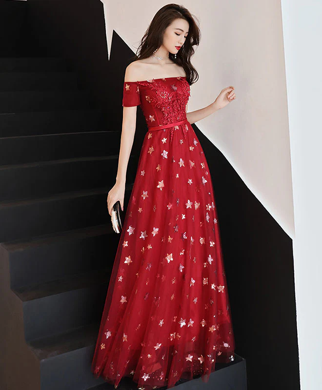 Burgundy Off Shoulder Tulle Long Prom Dress, Burgundy Evening Dress - Deanwangkt