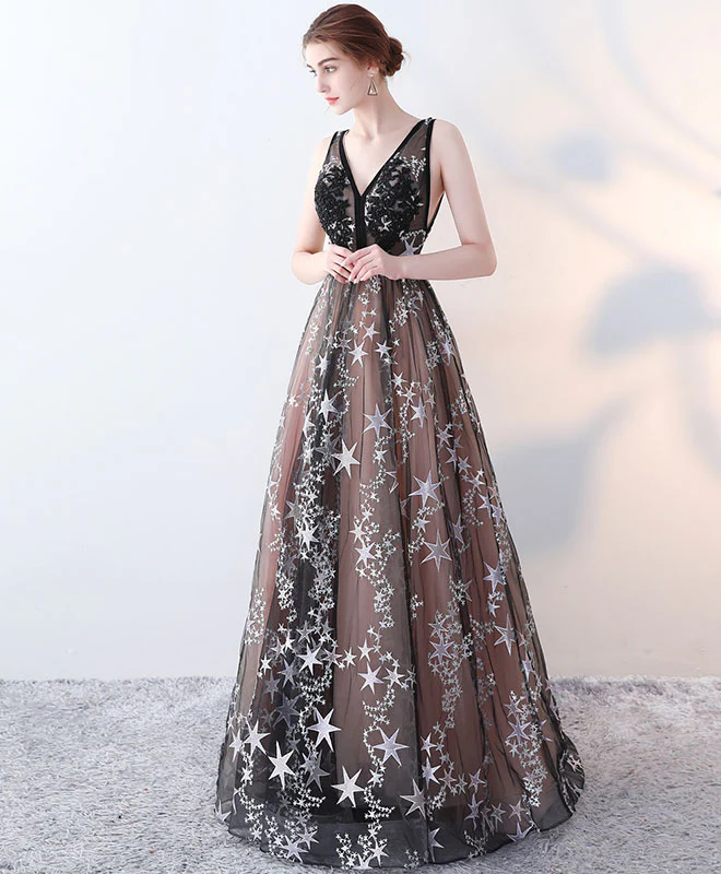 Cute Black V Neck Long Prom Dress, Black Long Evening Dress - Deanwangkt