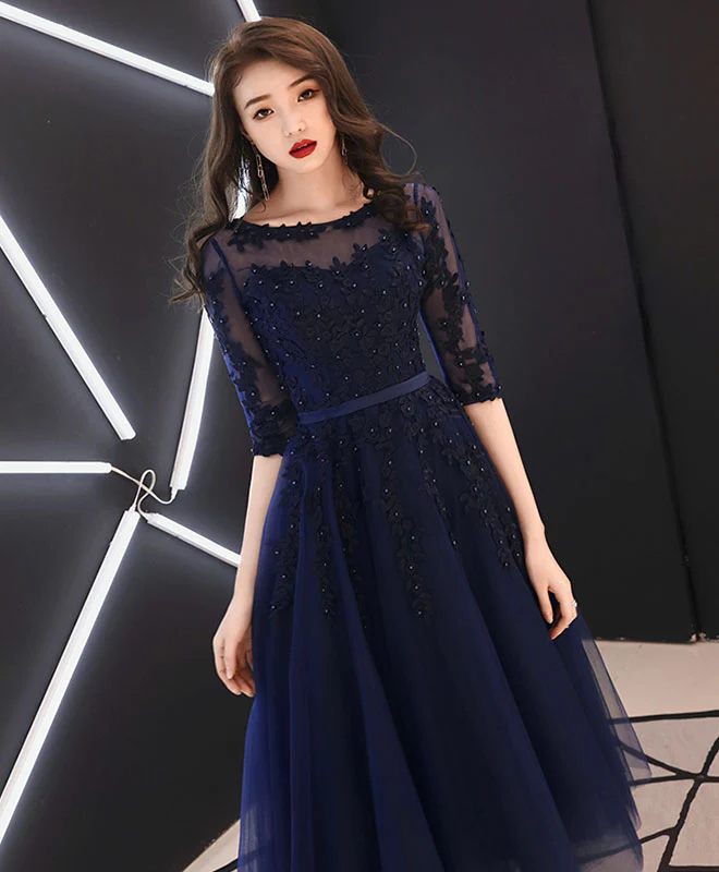 Blue Round Neck Tulle Lace Prom Dresses, Tea Length Blue Homecoming Dresses - Deanwangkt