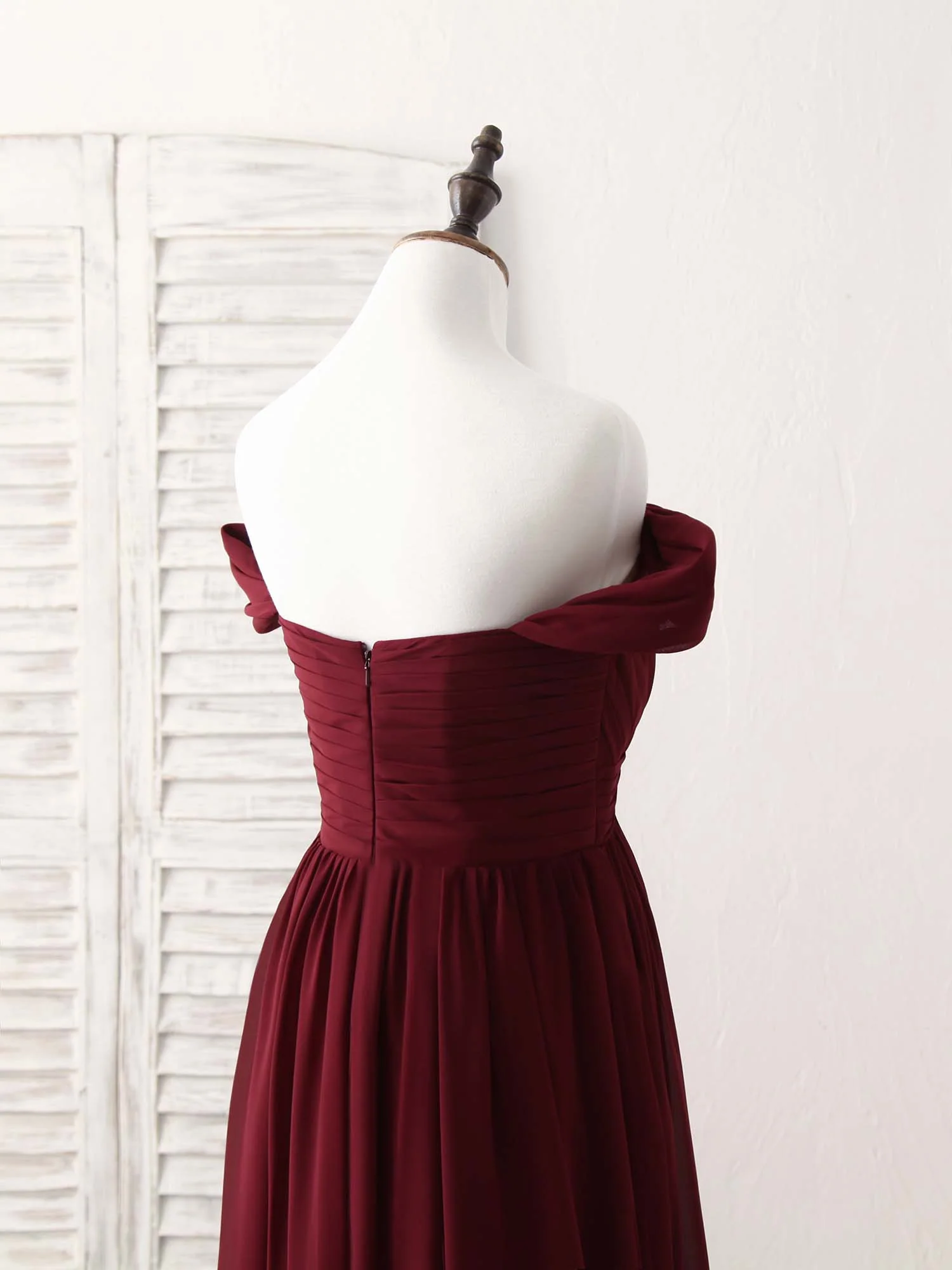 Burgundy Chiffon Off Shoulder Long Prom Dress Burgundy Bridesmaid Dress - Deanwangkt