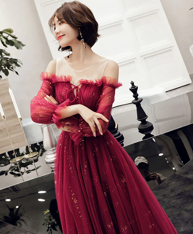 Dark Red Tulle Lace Long Prom Dress, Dark Red  Evening Dress - Deanwangkt